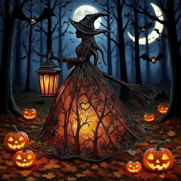 Gothic Spooky Witch Decor with Holding Lantern