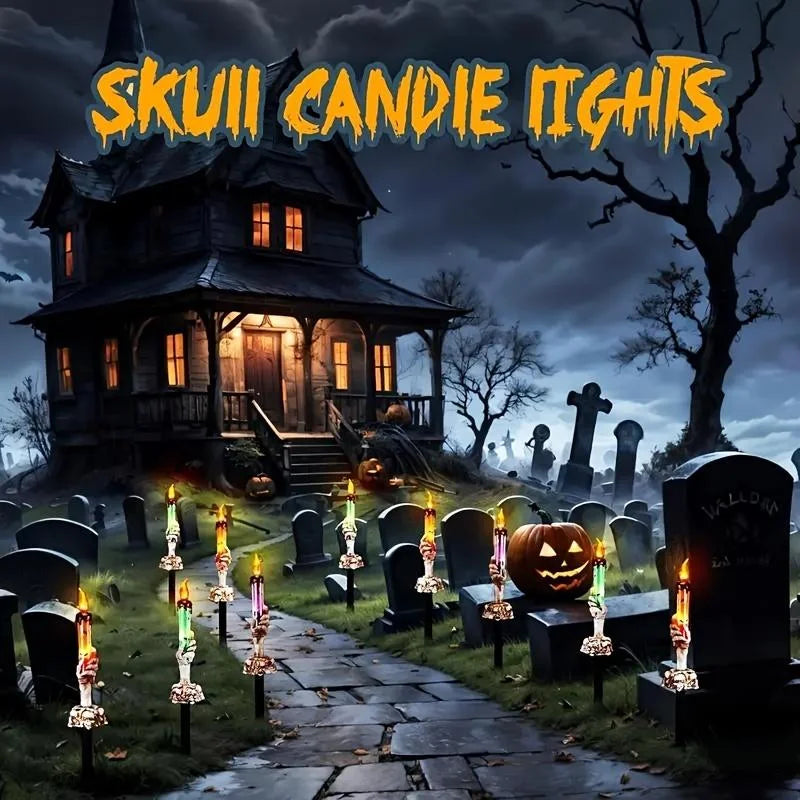 Skeleton Hands Hold Lighted Candle Stakes